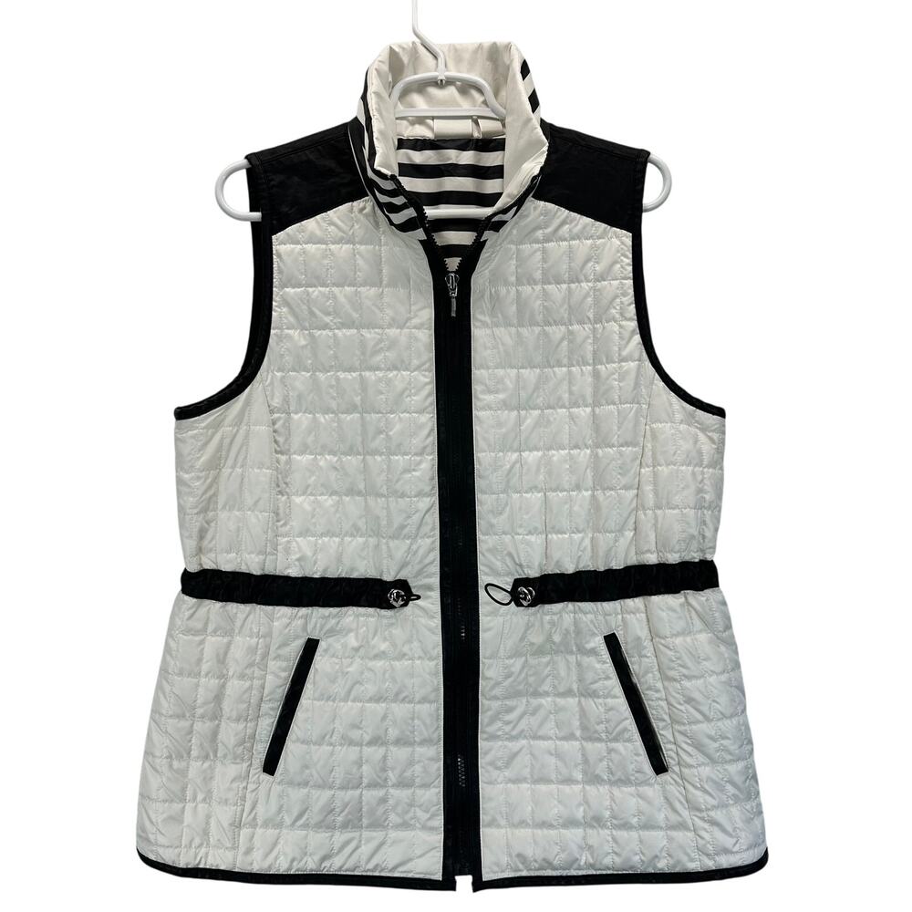 Chico's Zenergy Quilted Puffer Vest White Black Faux Leather Cinch Waist 2 Large